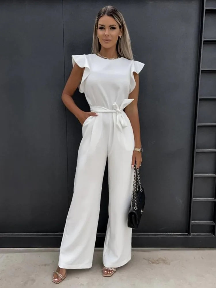 Dahlia - jumpsuit met ruches mouwen en ceintuur - By La Bella Vie