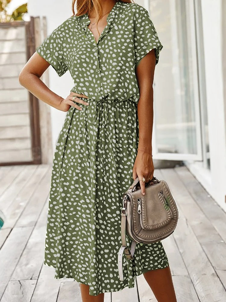 Doris - stijlvolle midi-jurk met elastische tailleprint