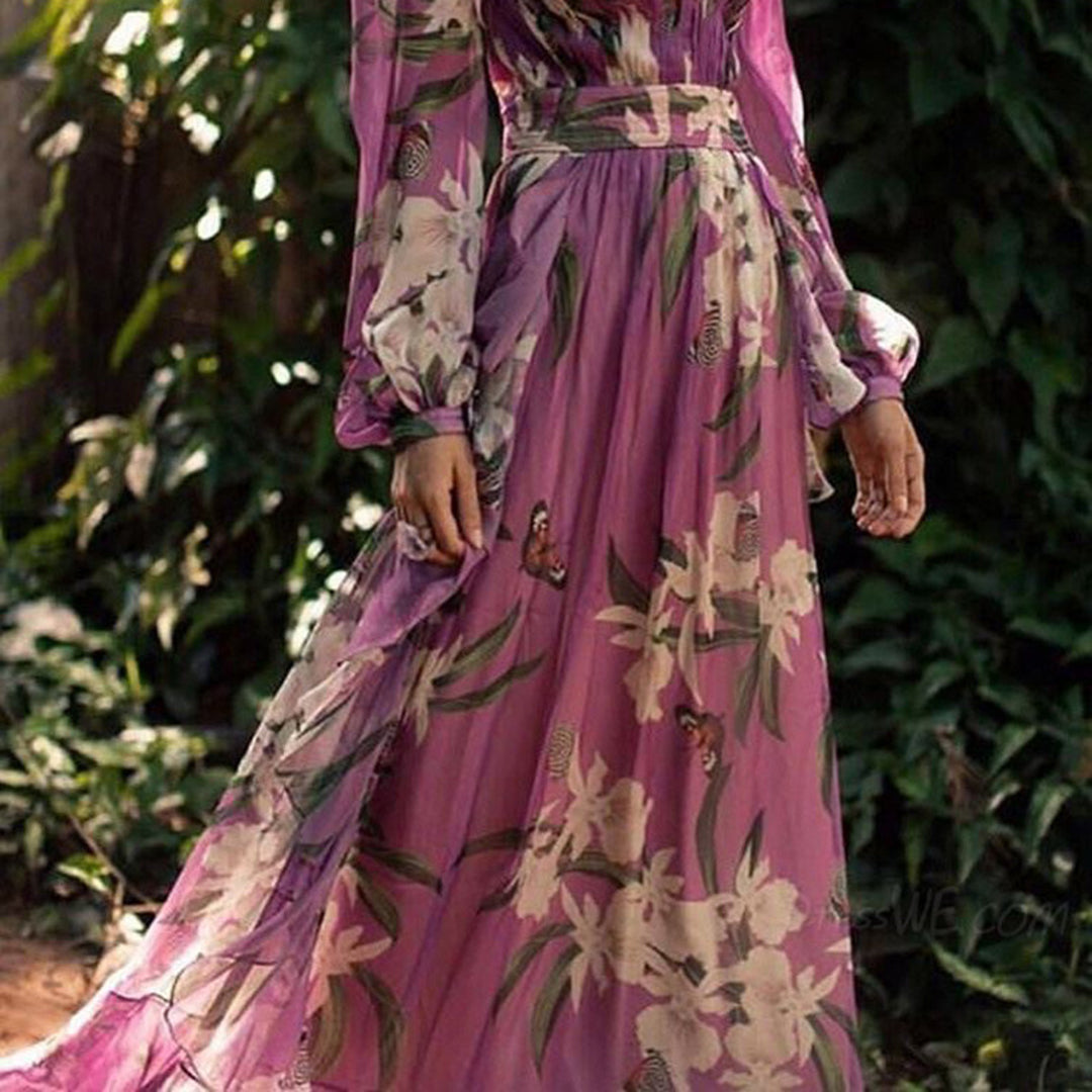 Luna - elegant bloemen lange mouwen maxi jurk