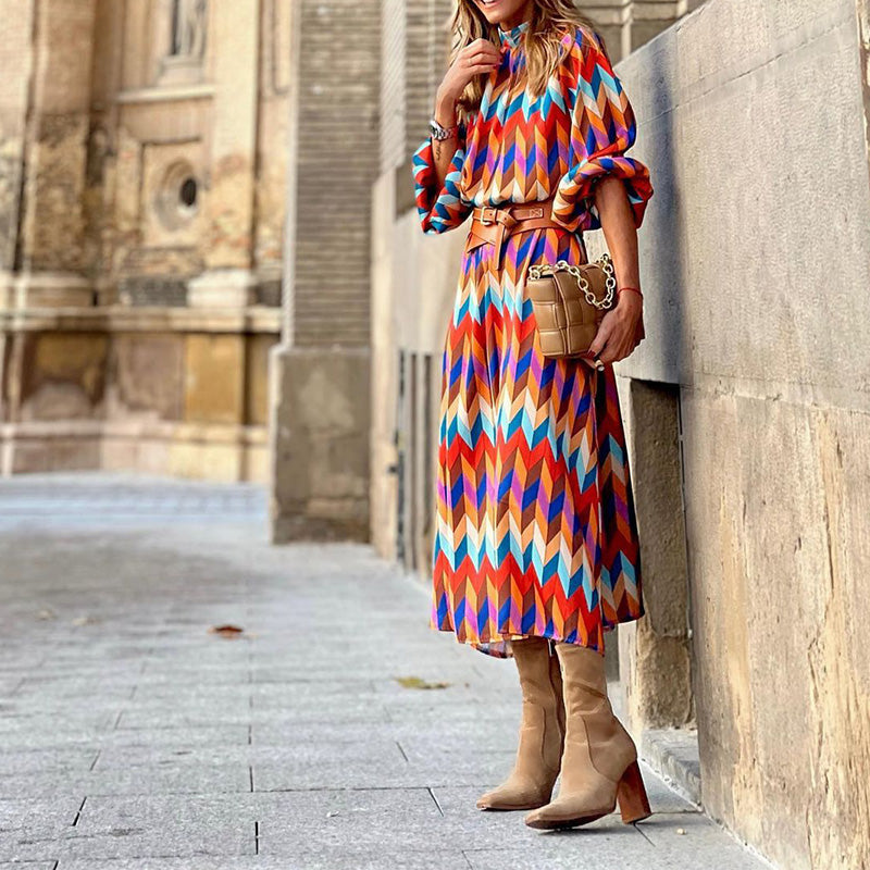 Celine - elegante midi-jurk met lange mouwen en veelkleurig patroon