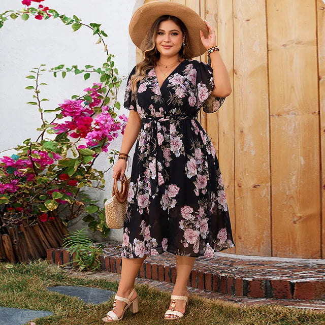 Alexa - V-hals bloemenprint plus size midi-jurk