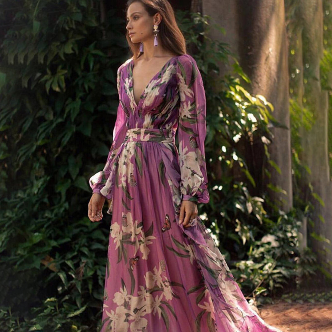 Luna - elegant bloemen lange mouwen maxi jurk