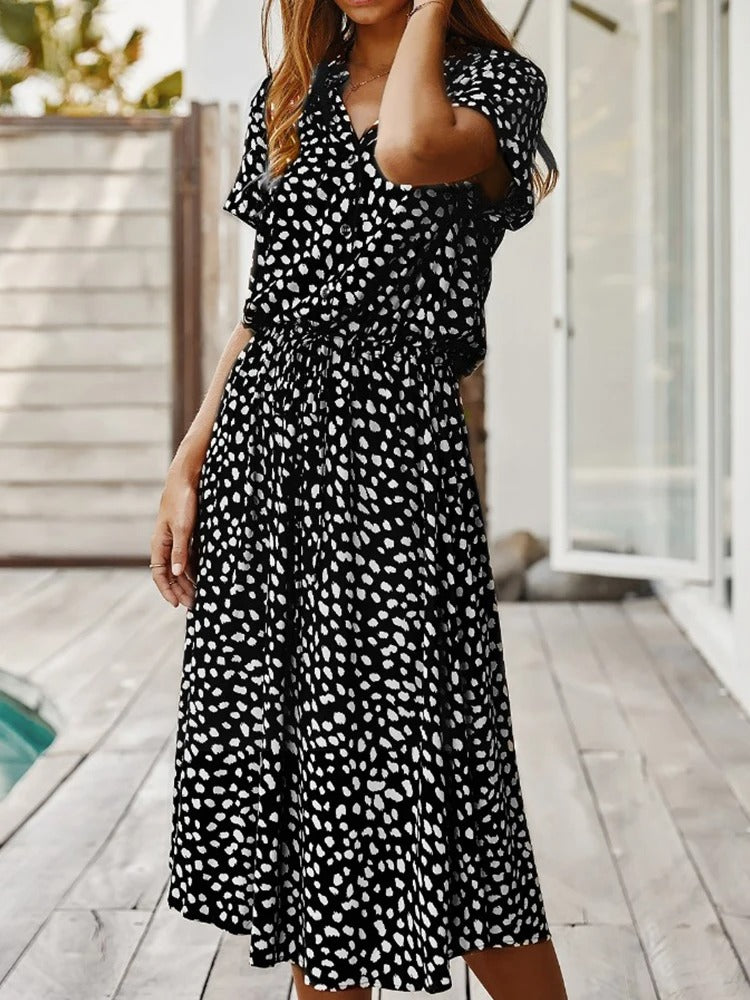 Doris - stijlvolle midi-jurk met elastische tailleprint