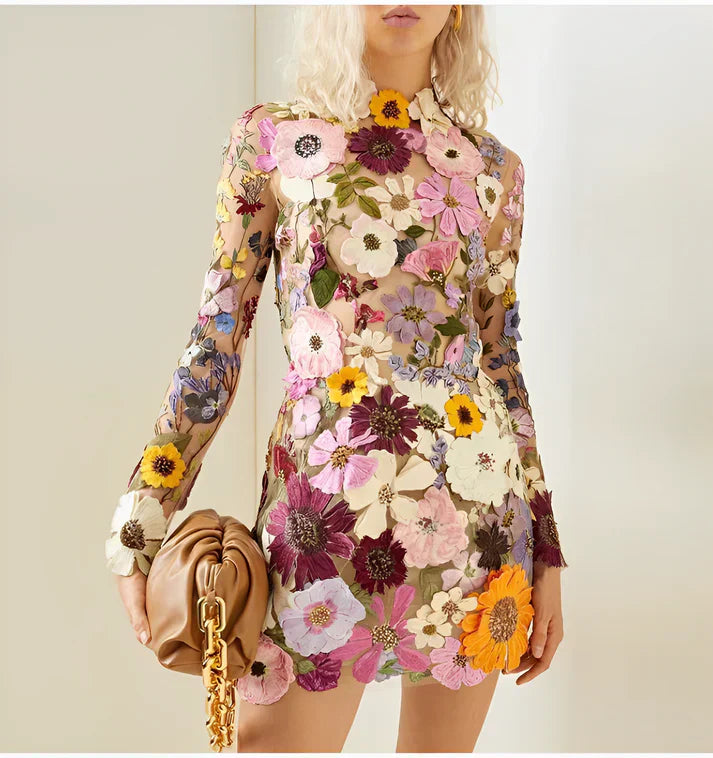 Alondra - geborduurde bloemen mini jurk
