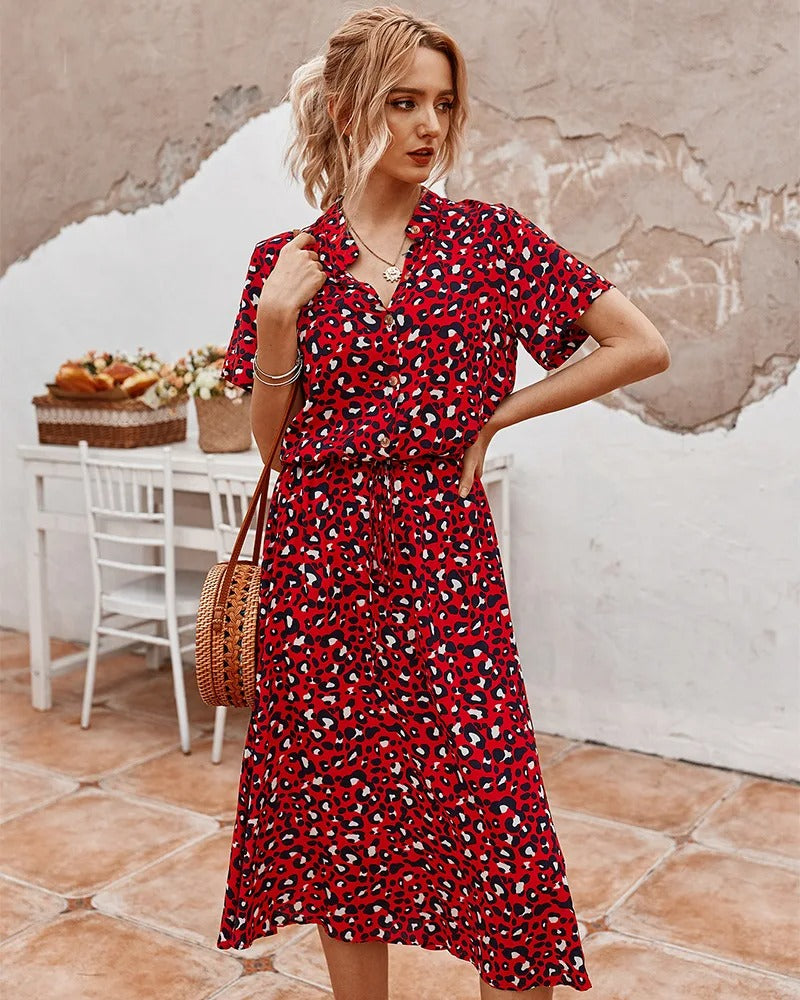 Doris - stijlvolle midi-jurk met elastische tailleprint