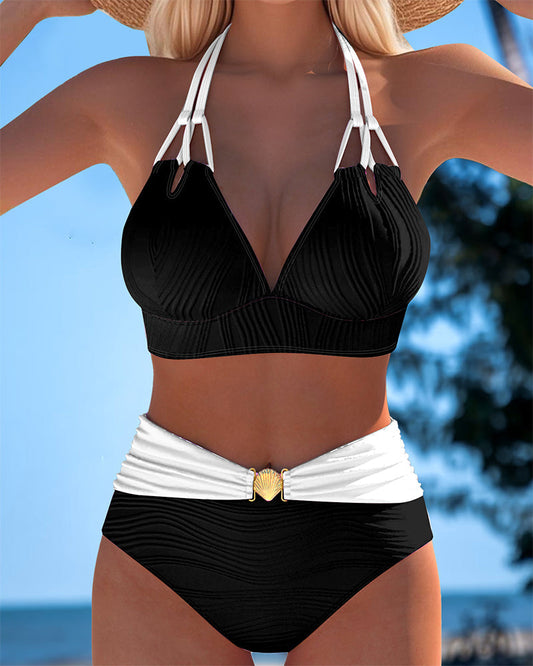 Dubbele Band Badpak met Hoge Taille en Contrasterende Kleur