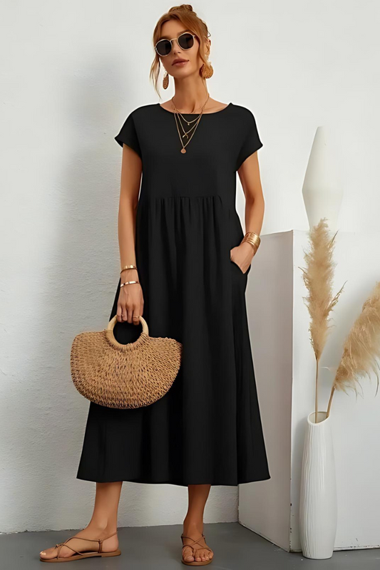 Penelope - Luchtige Linnen Maxi Jurk met Korte Mouwen en Zakken | Casual en Comfortabel