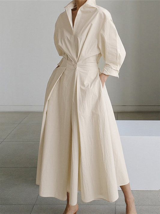 Gladys - Elegante maxi jurk met opstaande kraag en plooien