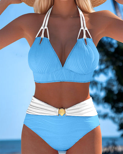 Dubbele Band Badpak met Hoge Taille en Contrasterende Kleur