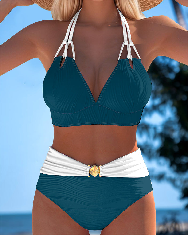 Dubbele Band Badpak met Hoge Taille en Contrasterende Kleur