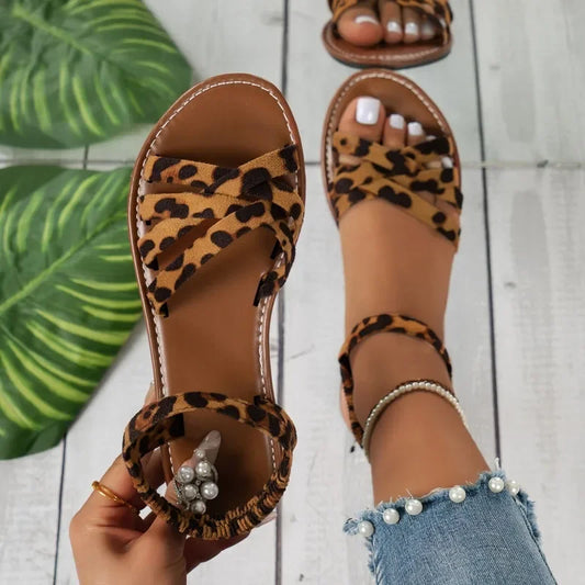 Stijlvolle Panter Print Orthopedische Platte Sandalen - By La Bella Vie