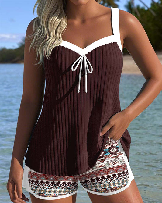 Geribde Tankini met Bedrukte Strandshort (Boxermodel)