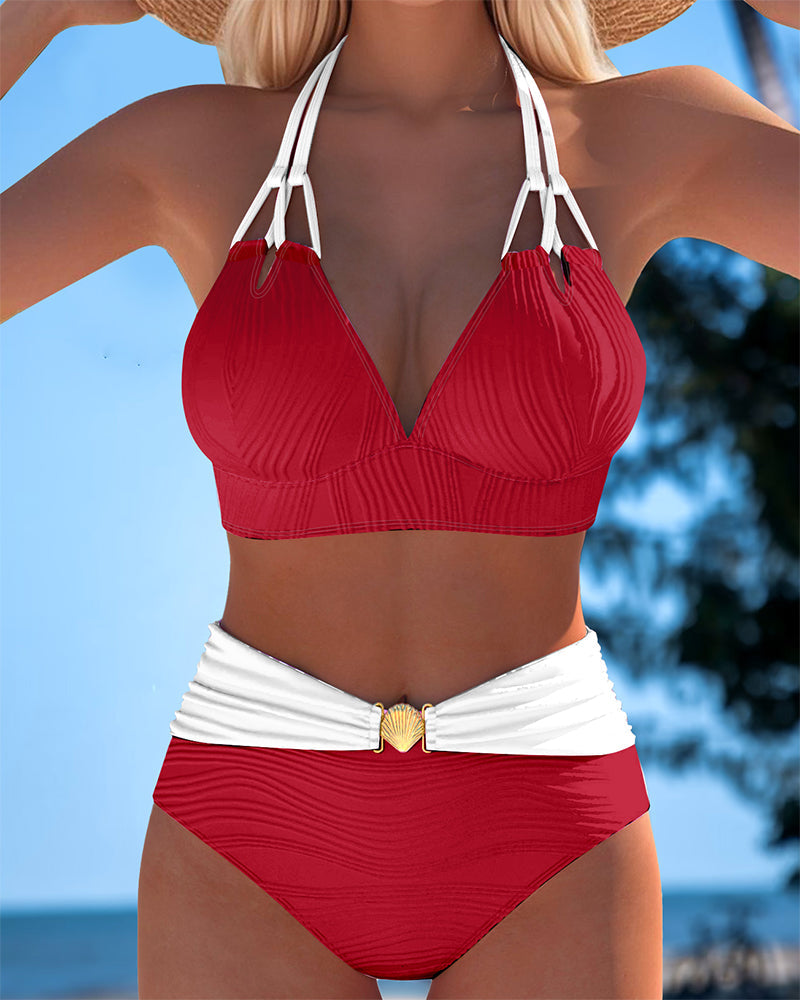 Dubbele Band Badpak met Hoge Taille en Contrasterende Kleur