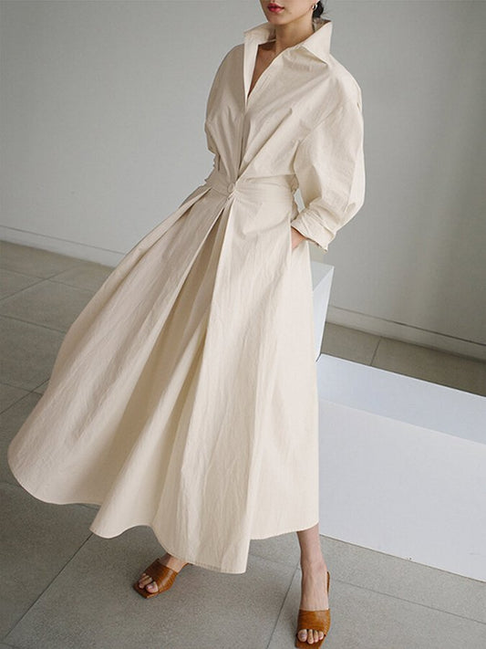 Gladys - Elegante maxi jurk met opstaande kraag en plooien