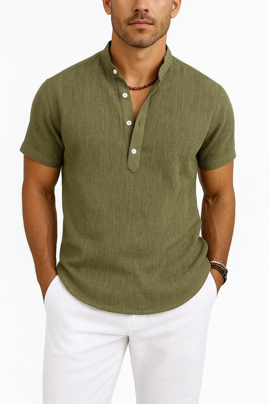 Henley Heren Shirt – Korte Mouw  – Effen Kleur Zomer T-shirt