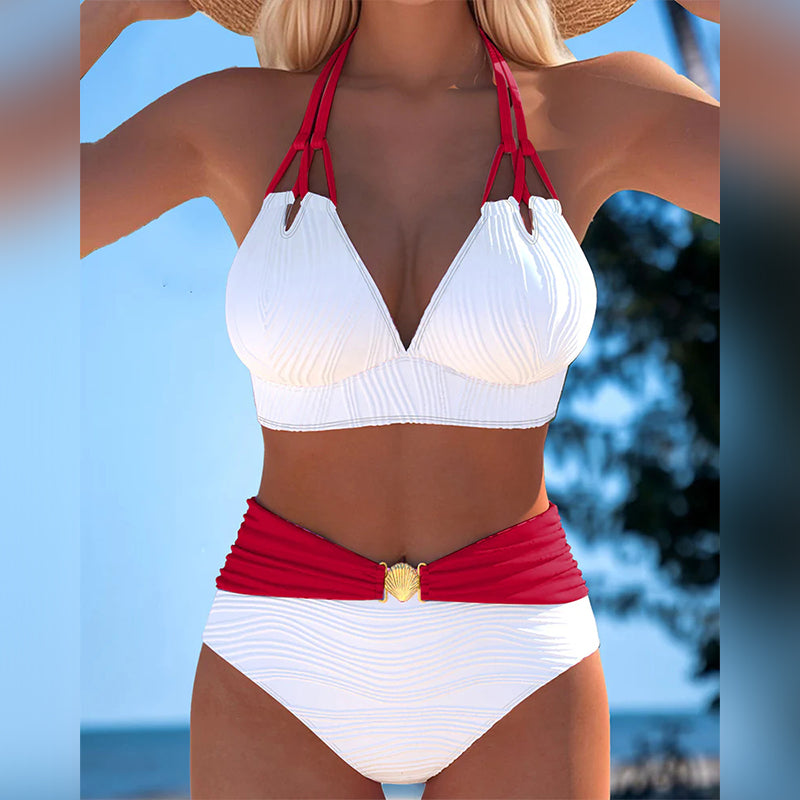 Dubbele Band Badpak met Hoge Taille en Contrasterende Kleur