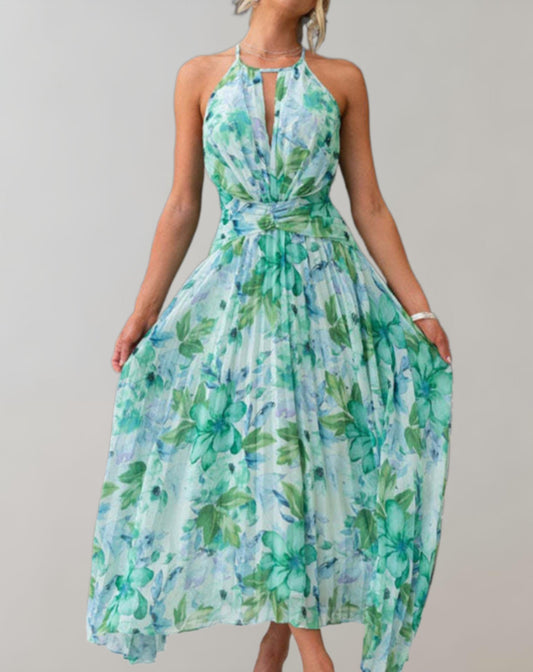 Selene - Stijlvolle halternek bloemen maxi-jurk