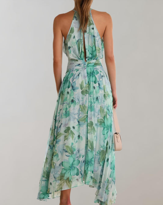 Selene - Stijlvolle halternek bloemen maxi-jurk