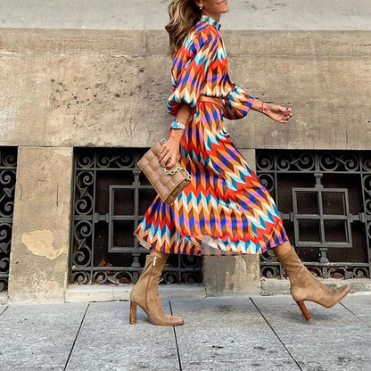 Celine - elegante midi-jurk met lange mouwen en veelkleurig patroon