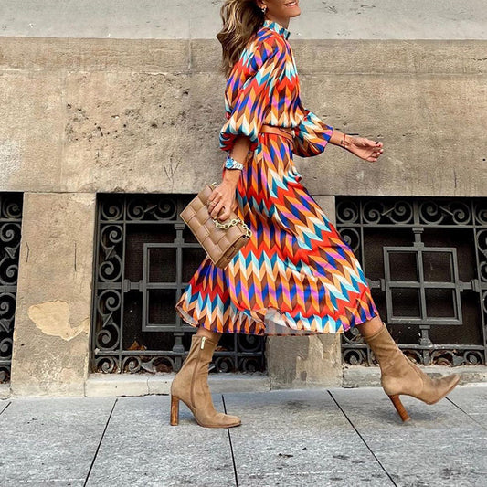 Celine - elegante midi-jurk met lange mouwen en veelkleurig patroon