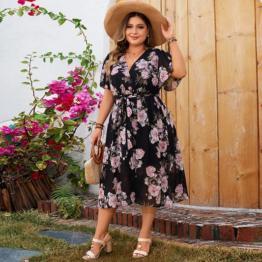 Alexa - V-hals bloemenprint plus size midi-jurk