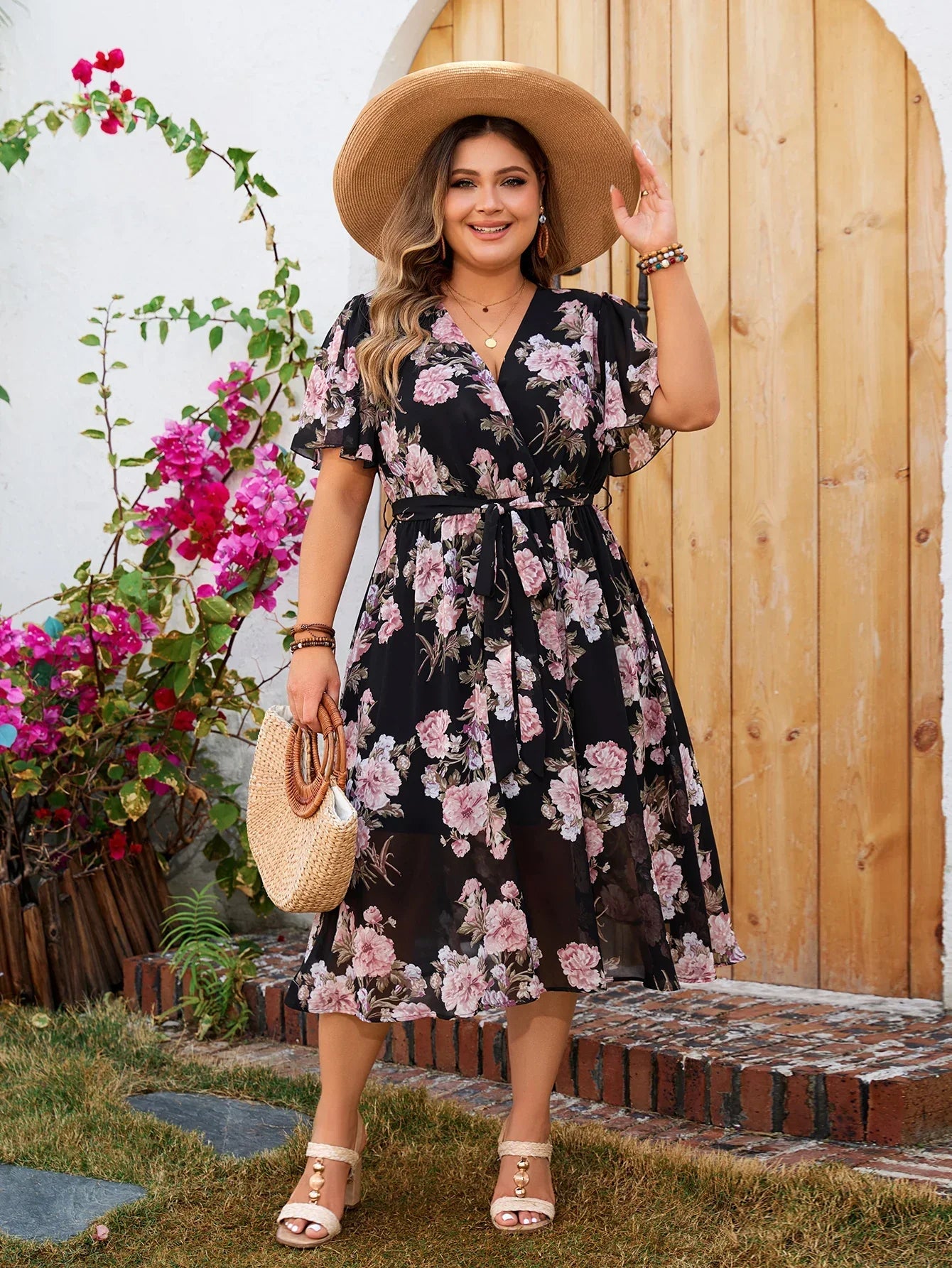 Alexa - V-hals bloemenprint plus size midi-jurk