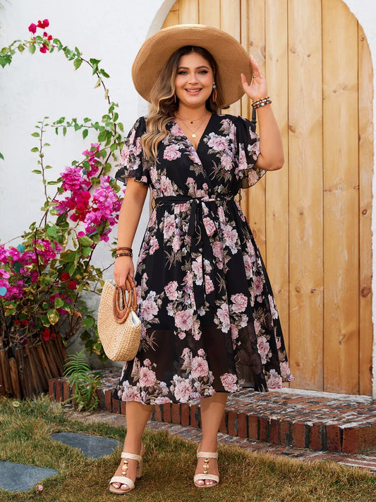Alexa - V-hals bloemenprint plus size midi-jurk