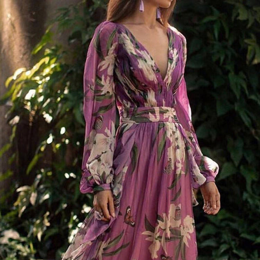 Luna - elegant bloemen lange mouwen maxi jurk