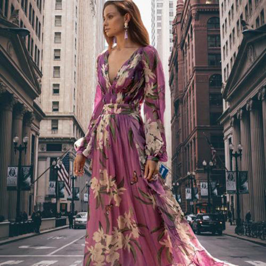 Luna - elegant bloemen lange mouwen maxi jurk
