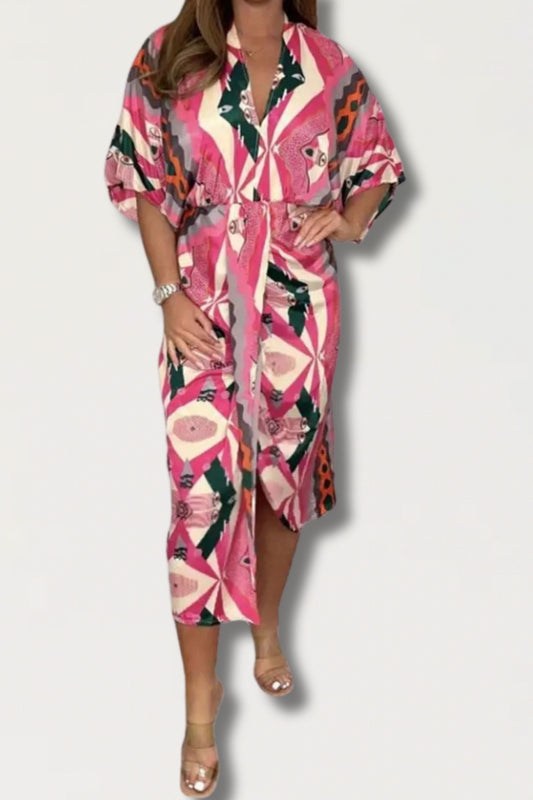 Prisha - Boho Print Kimono Jurk met Strikceintuur en Korte Mouwen