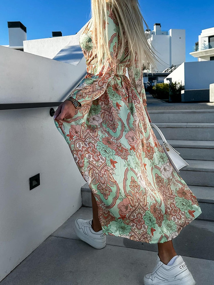 Elsie - casual bloemenprint lange jurk met lange mouwen