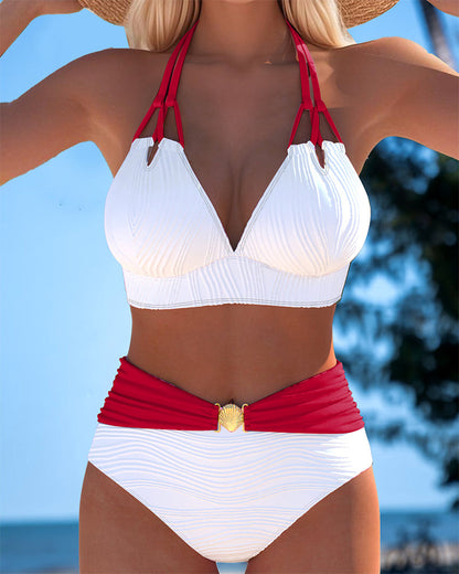 Dubbele Band Badpak met Hoge Taille en Contrasterende Kleur