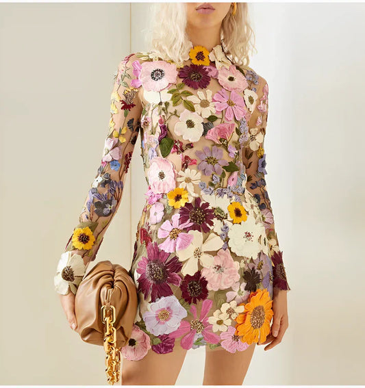 Alondra - geborduurde bloemen mini jurk