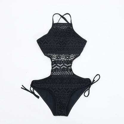 Elegante zwarte monokini badpak met transparant kantdetail - By La Bella Vie