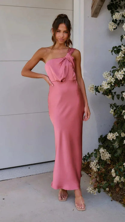 Aria – One Shoulder Satijnen Maxi Jurk [Bruiloft Gast]
