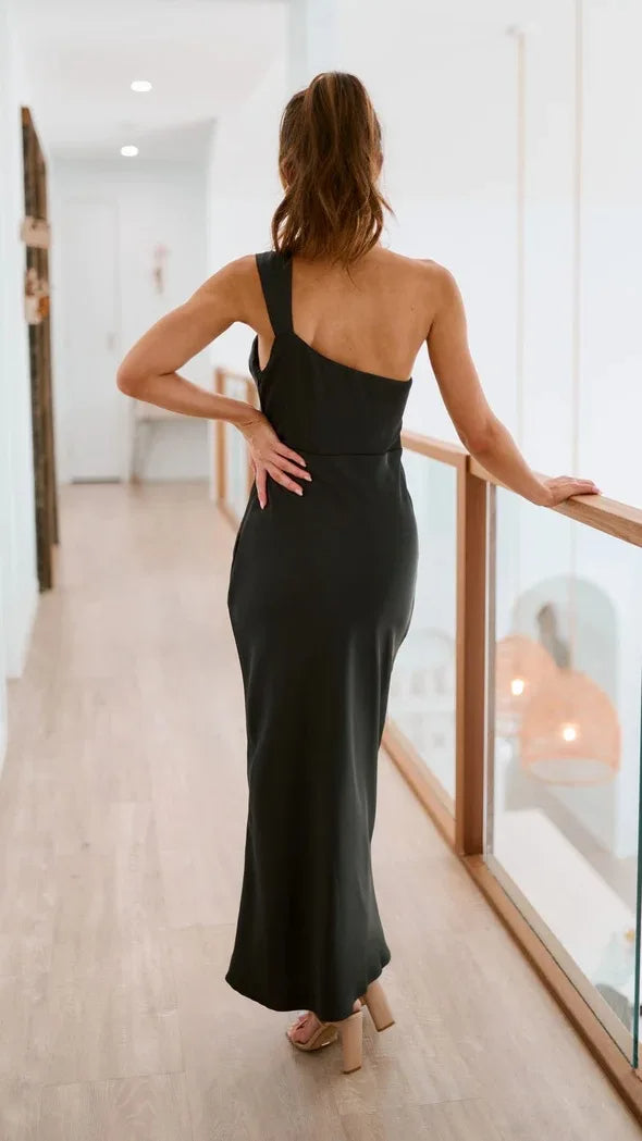 Aria – One Shoulder Satijnen Maxi Jurk [Bruiloft Gast]