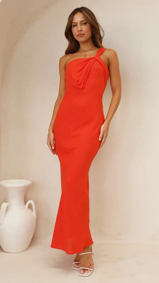 Aria – One Shoulder Satijnen Maxi Jurk [Bruiloft Gast]