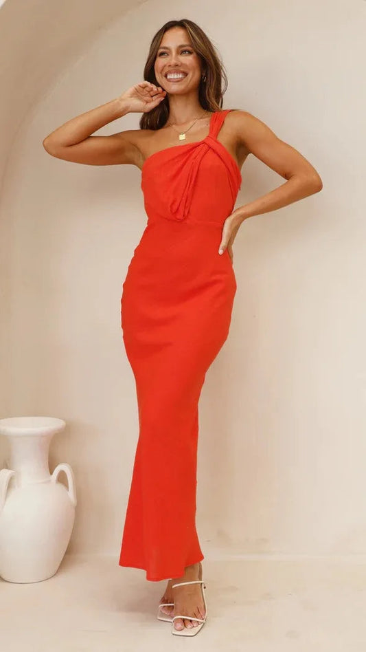 Aria – One Shoulder Satijnen Maxi Jurk [Bruiloft Gast]