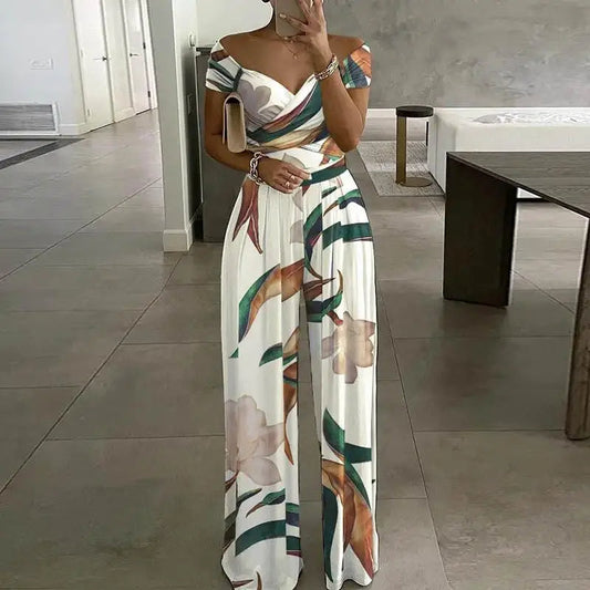 Boho off shoulder jumpsuit met wijde pijpen - By La Bella Vie