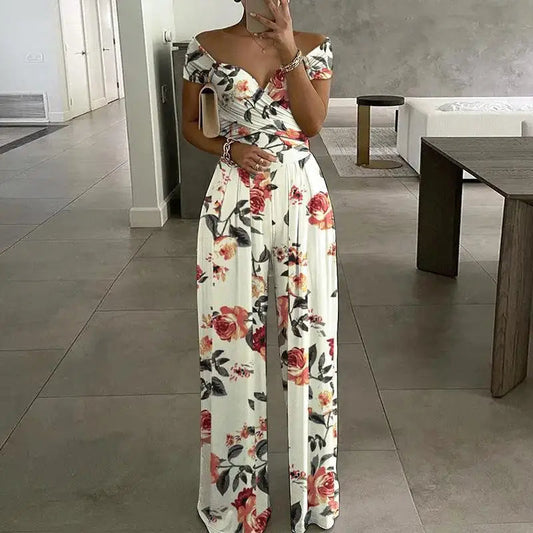 Boho off shoulder jumpsuit met wijde pijpen - By La Bella Vie